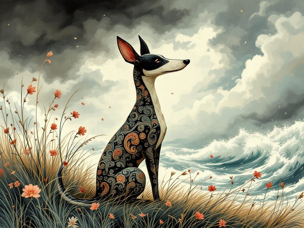 Paisley Dog Braving a Stormy Gale in Art Nouveau Style