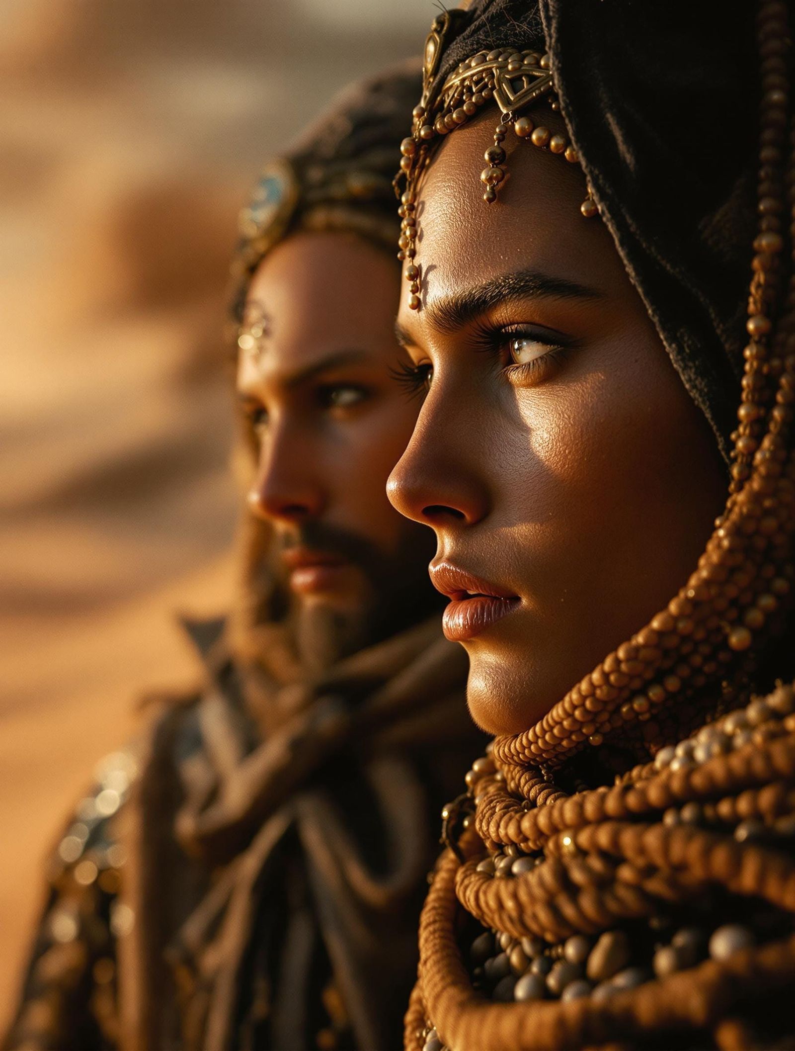 Paul Atreides and Chani in Dune's Majestic Desert Landscape