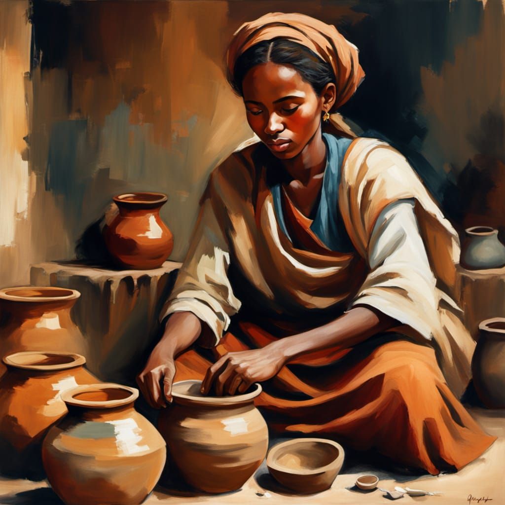 Ethiopian Woman Crafts Pottery in Realistic Oil Painting