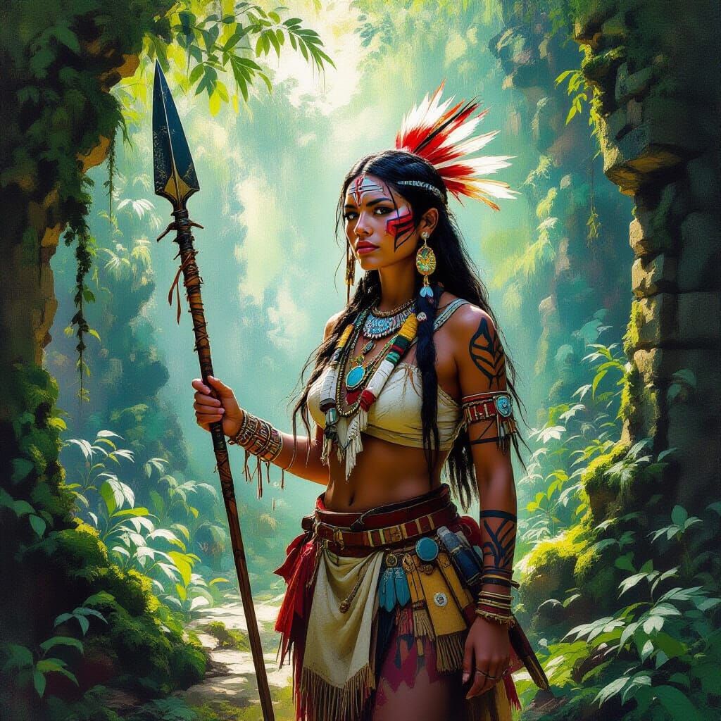 Indigenous Woman in Mystical Forest, Impressionist Style