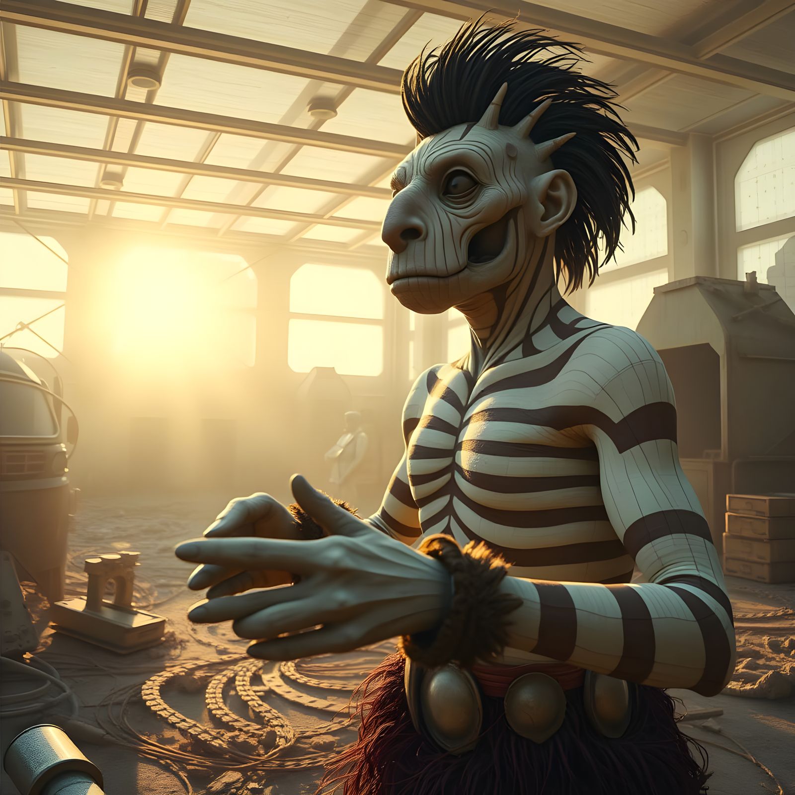 Ethereal Dystopian Figure in a Sunlit Apocalypse