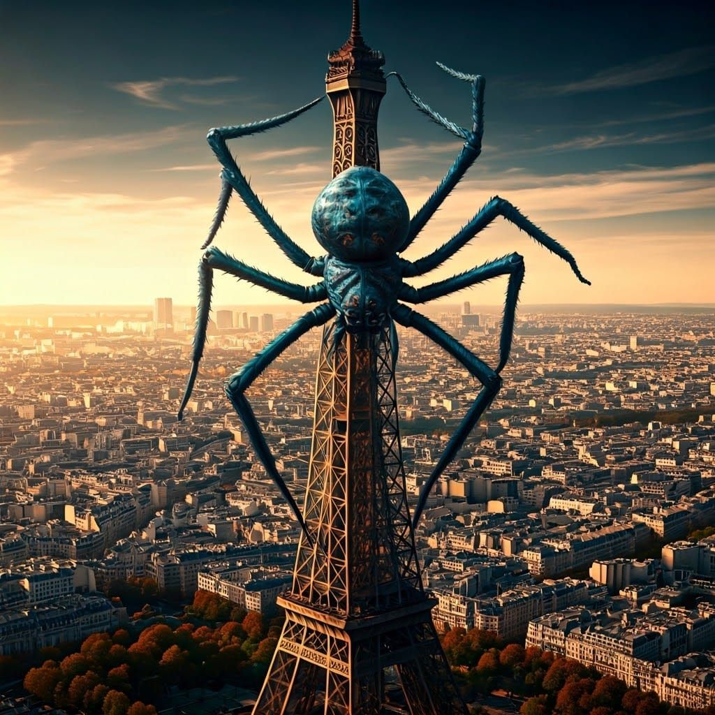 Giant Iridescent Spider Perched Atop Eiffel Tower