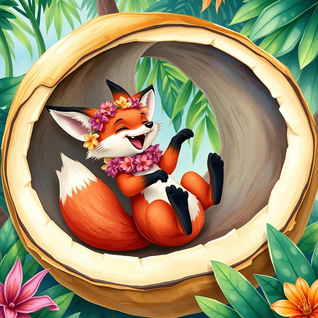 Joyful Fox in a Tropical Coconut Wonderland