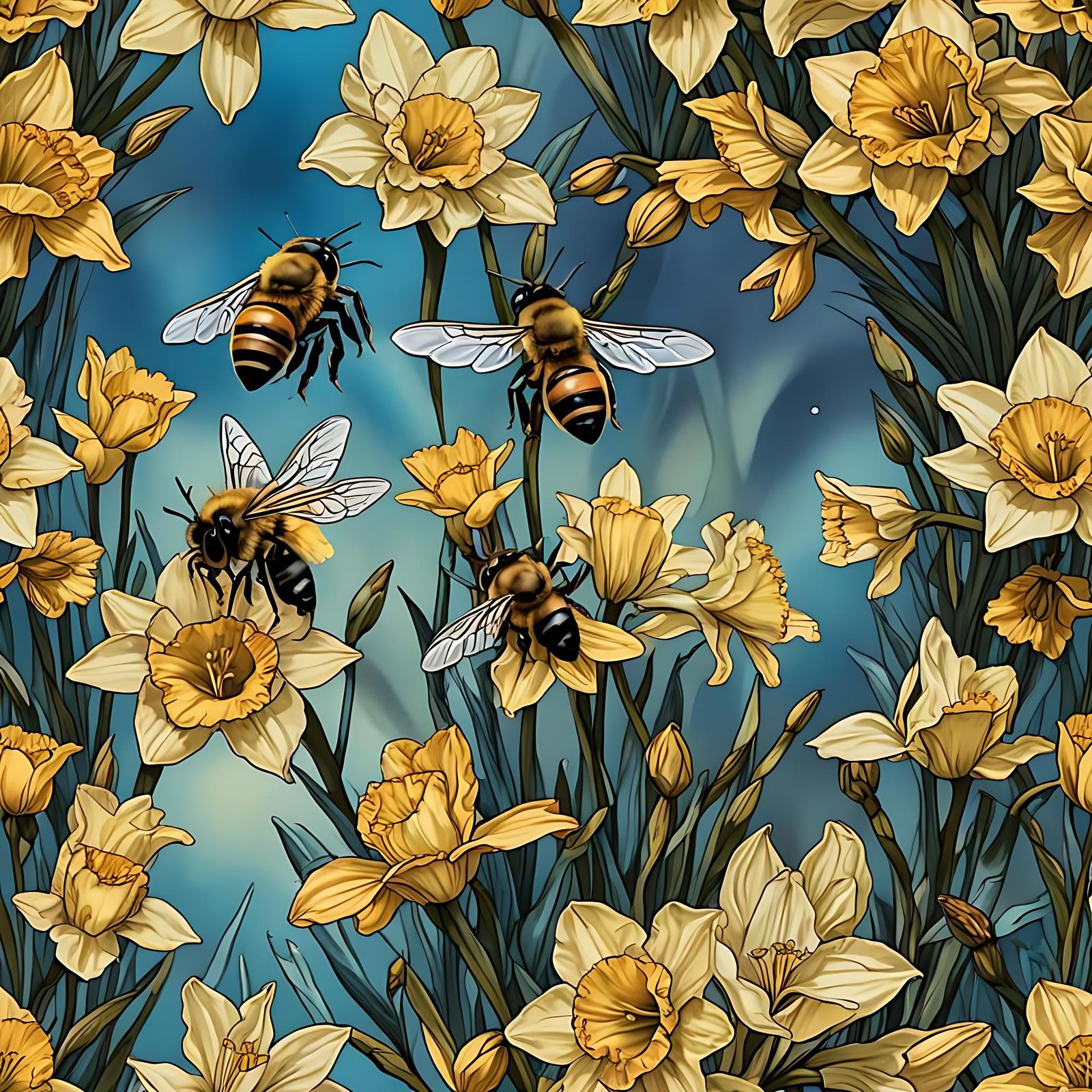 Bees Pollinating Daffodil: A Matte Painting