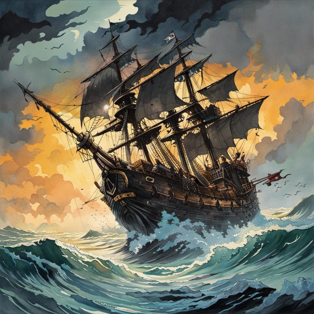 Stormy Pirate Flag in Watercolor Comic Art