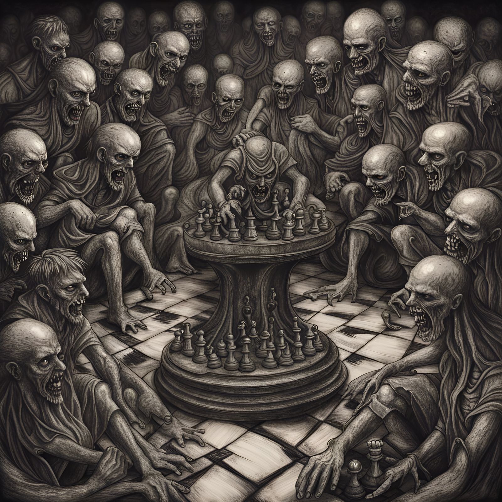 Demonic Chess: Rotting Zombies in Hell, Charcoal Art
