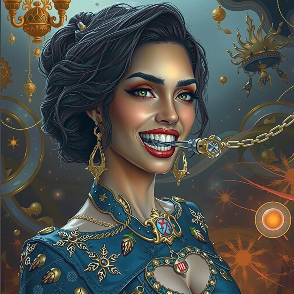 Hyper-realistic Portrait of a Woman with an Ornate Metal Gag