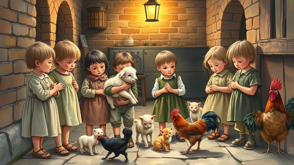 Children and Animals in a Whimsical Rustic Courtyard