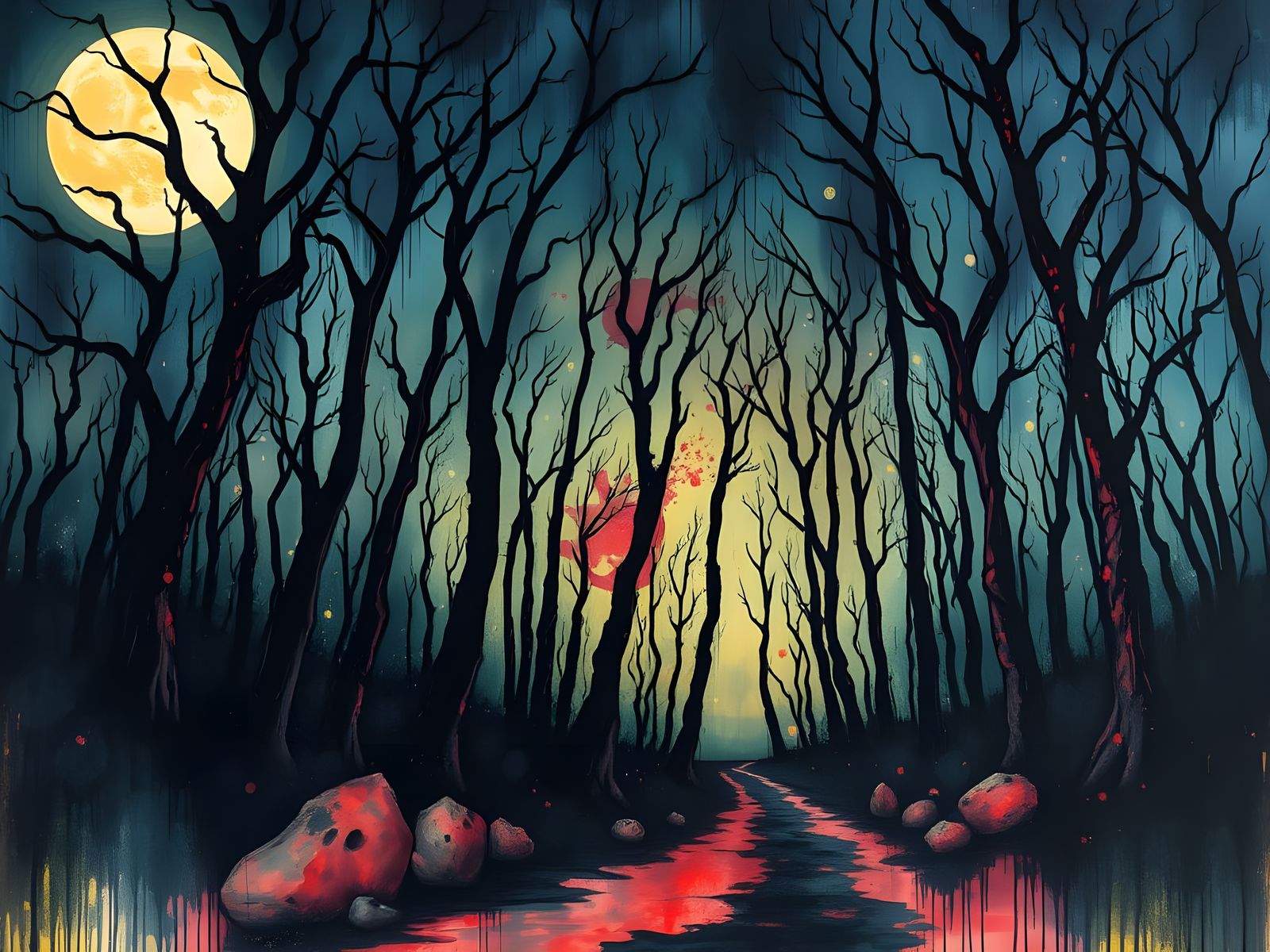 Dark Moonlit Haunted Forest Painting in Eerie Art Style