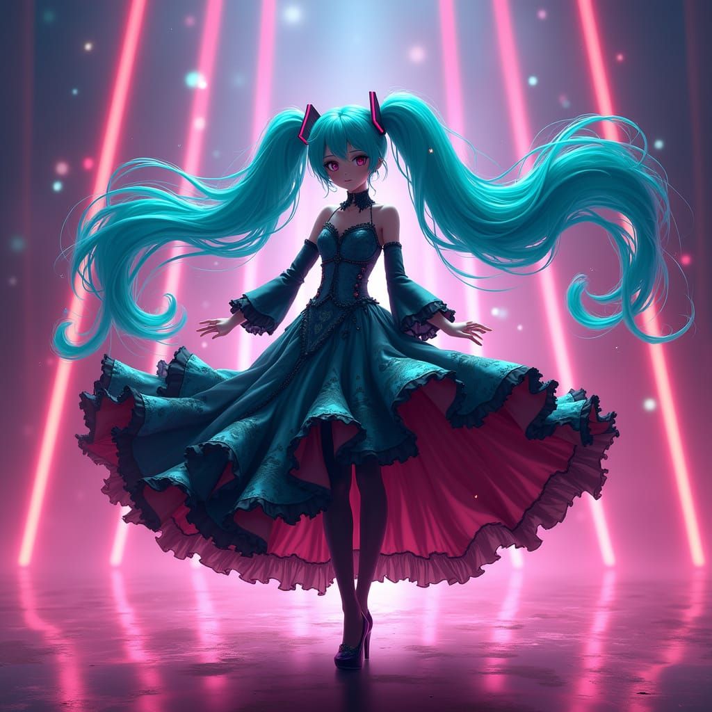 Hatsune Miku Dances Flamenco on Neon Stage
