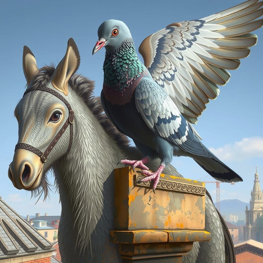 A Pigeon Perched on a Worn Stone Windowsill in Soft Impressi...