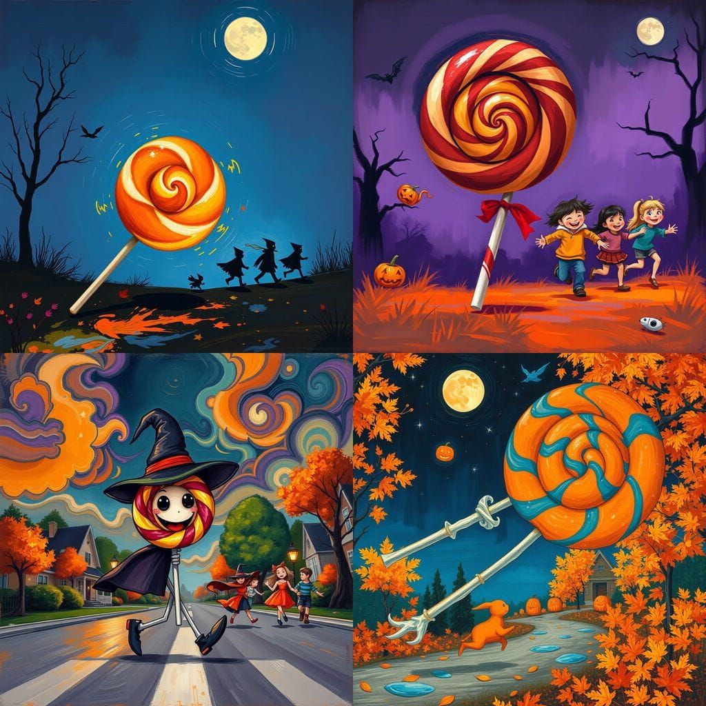 Lollipop Chasing Kids on Halloween Night in Vibrant Abstract...