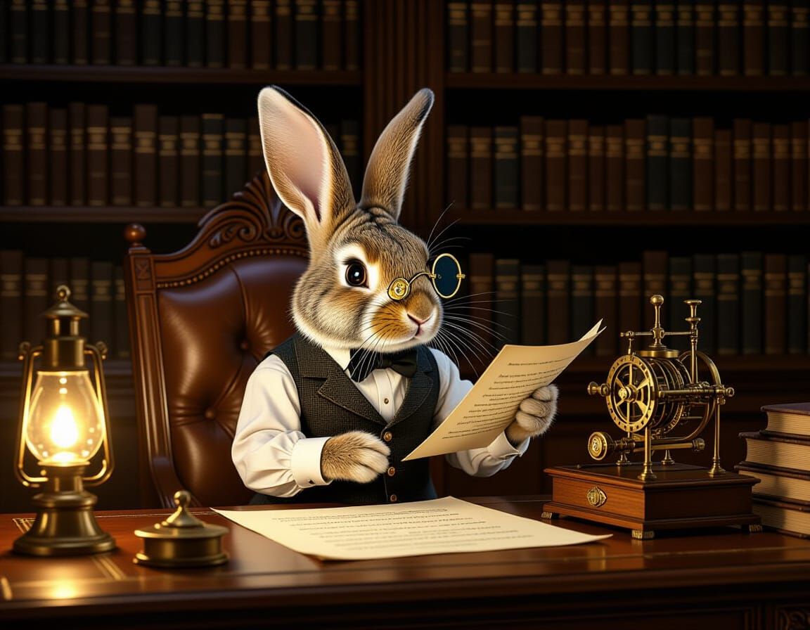 Whimsical Rabbit Scholar in Antique Study