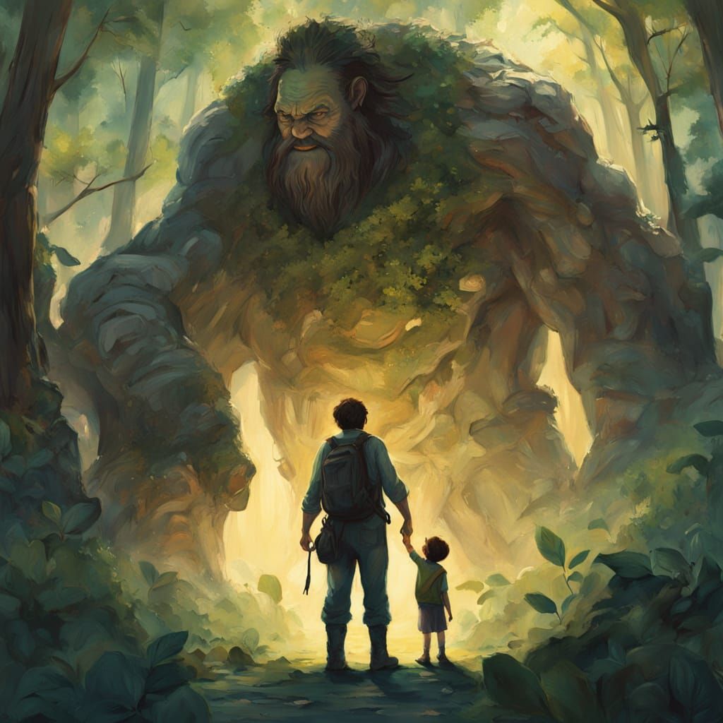 Gentle Giant in Forest Holding Tiny Human