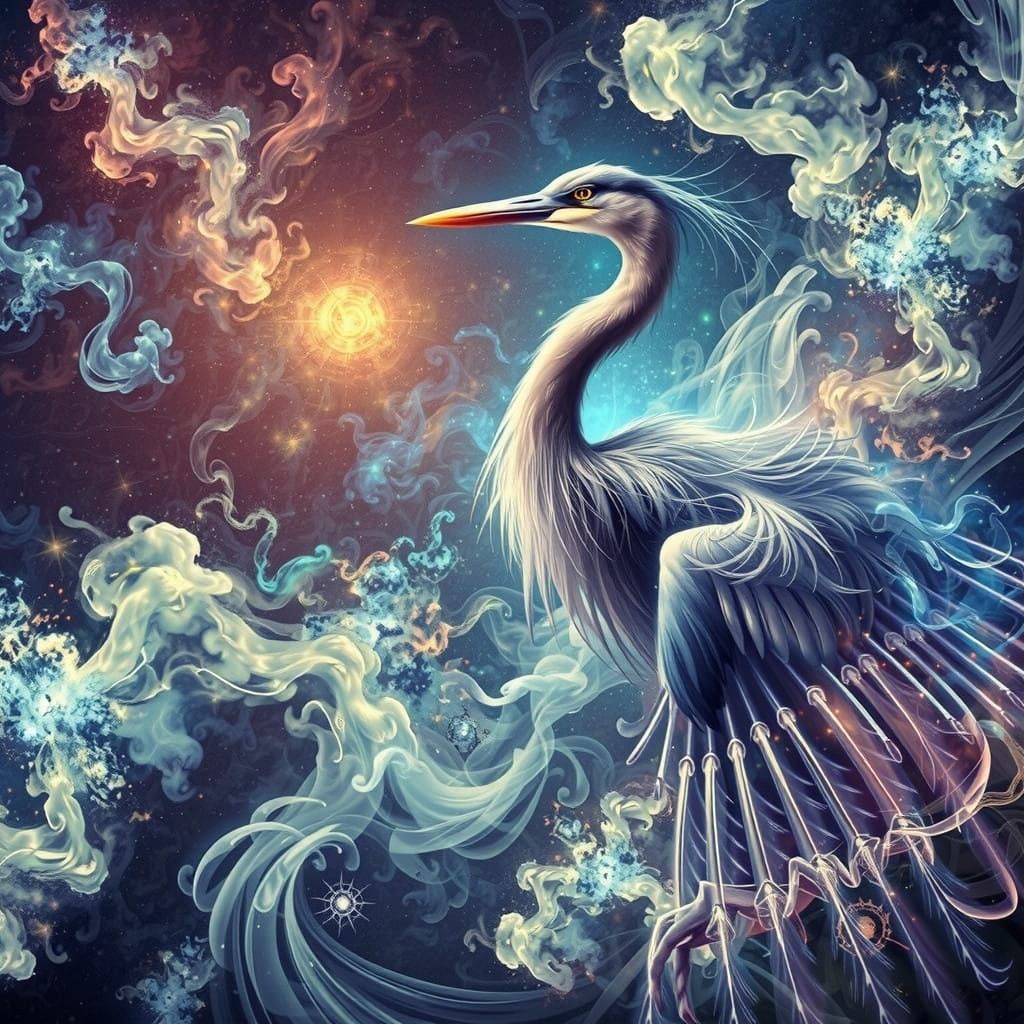 Surreal Heron Emerges from Cosmic Smoke