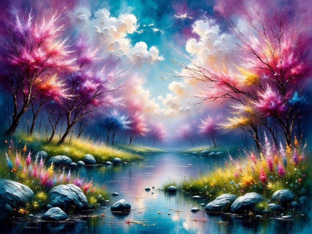 Vibrant River Scene in Expressive Impasto Style