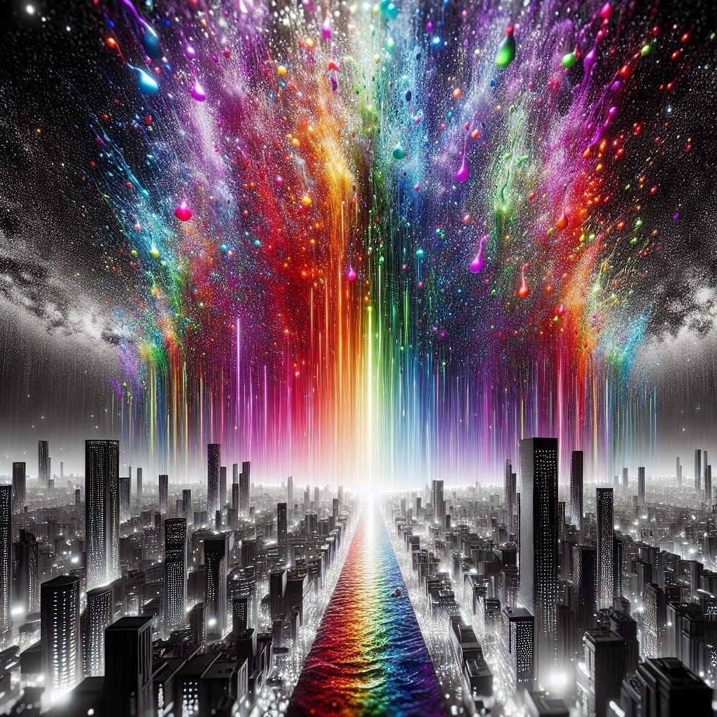 Rainbow Raindrops on Black and White Cityscape