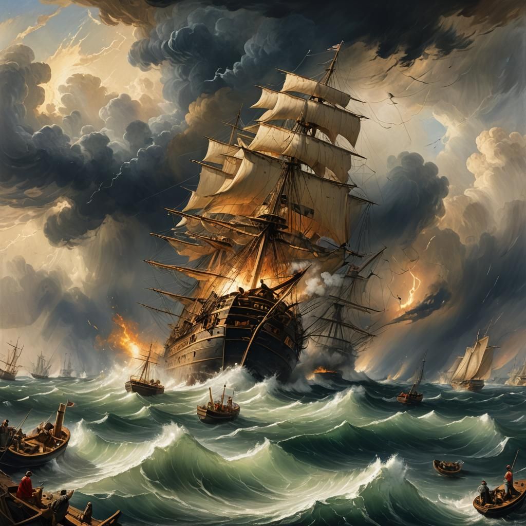 Explosive Maritime Storm Art in Turner Style