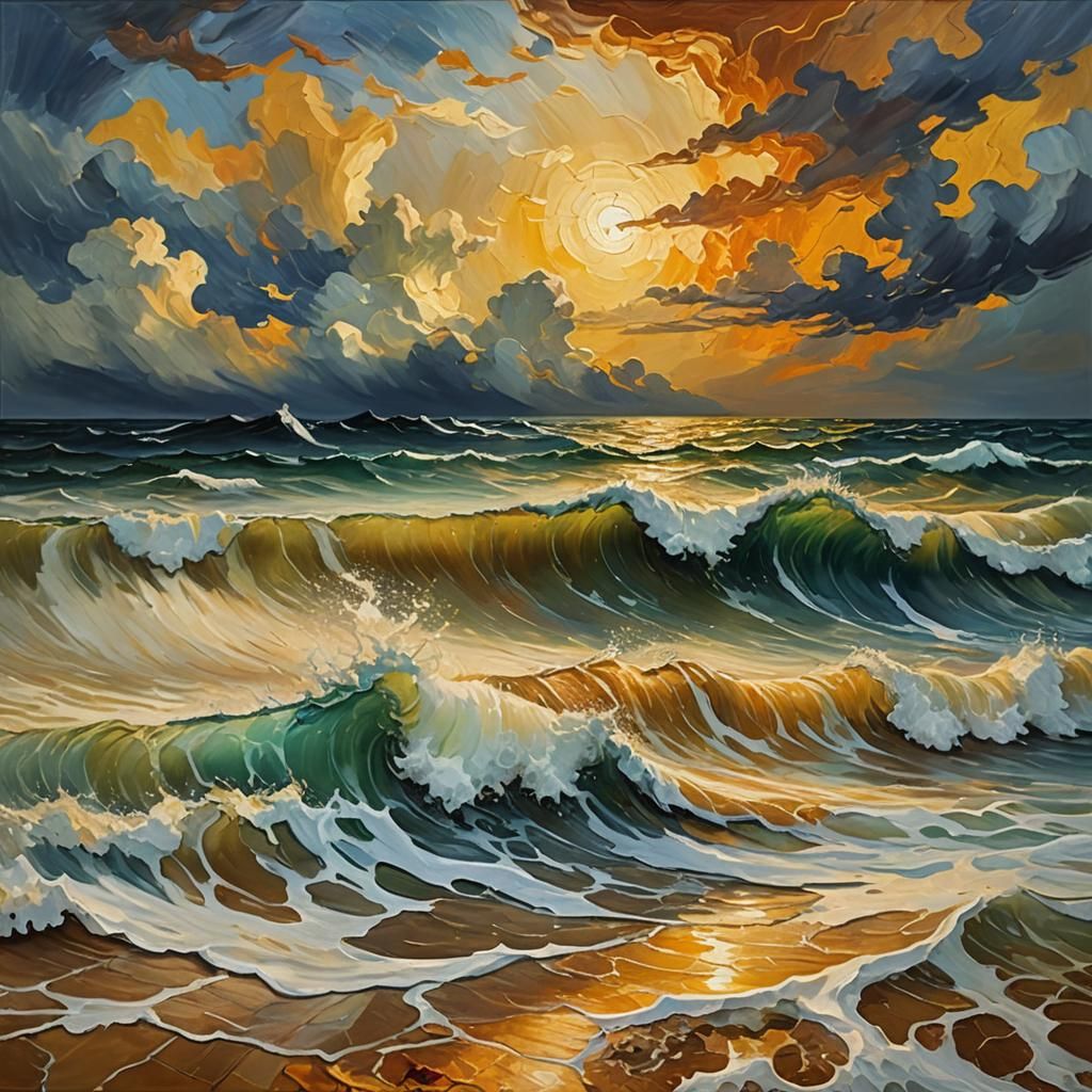 Turbulent Sea Oil Painting in Impressionist Style