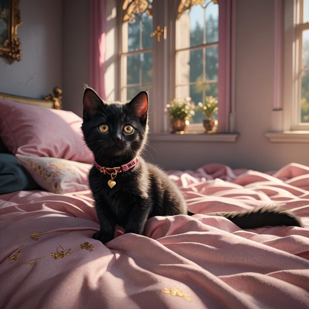 Tiny Black Kitten Stretching in Sunlight, Digital Art