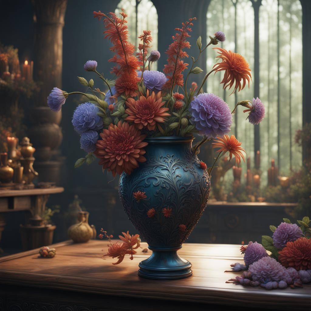 Vibrant Flowers in Vase: Detailed Matte Painting