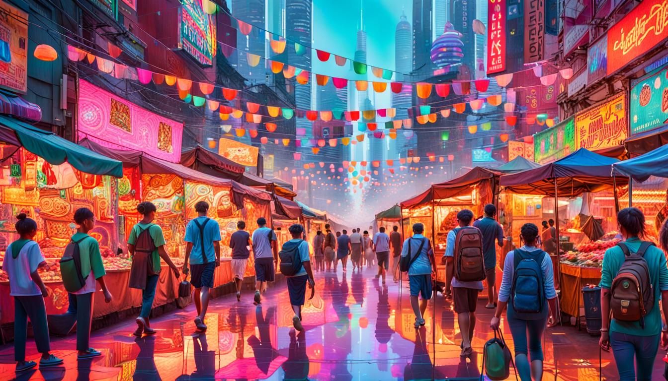 Neon Summer Village in Dystopian Future