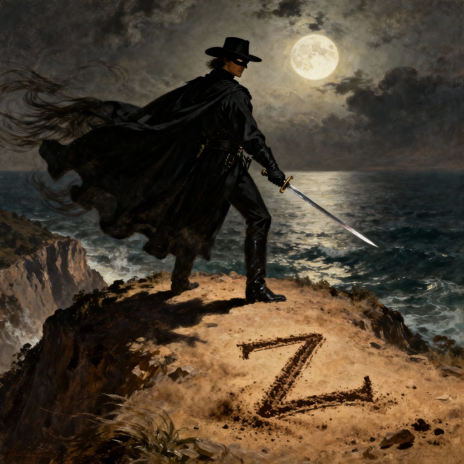 Zorro on Cliff Overlooking Sea, Carving a Z