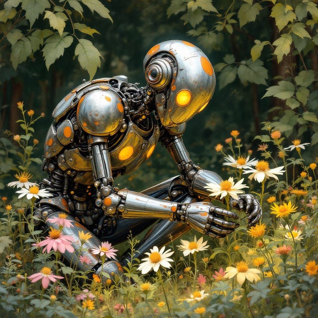 Android Tending Blooming Flowers in a Vibrant Woodland Scene