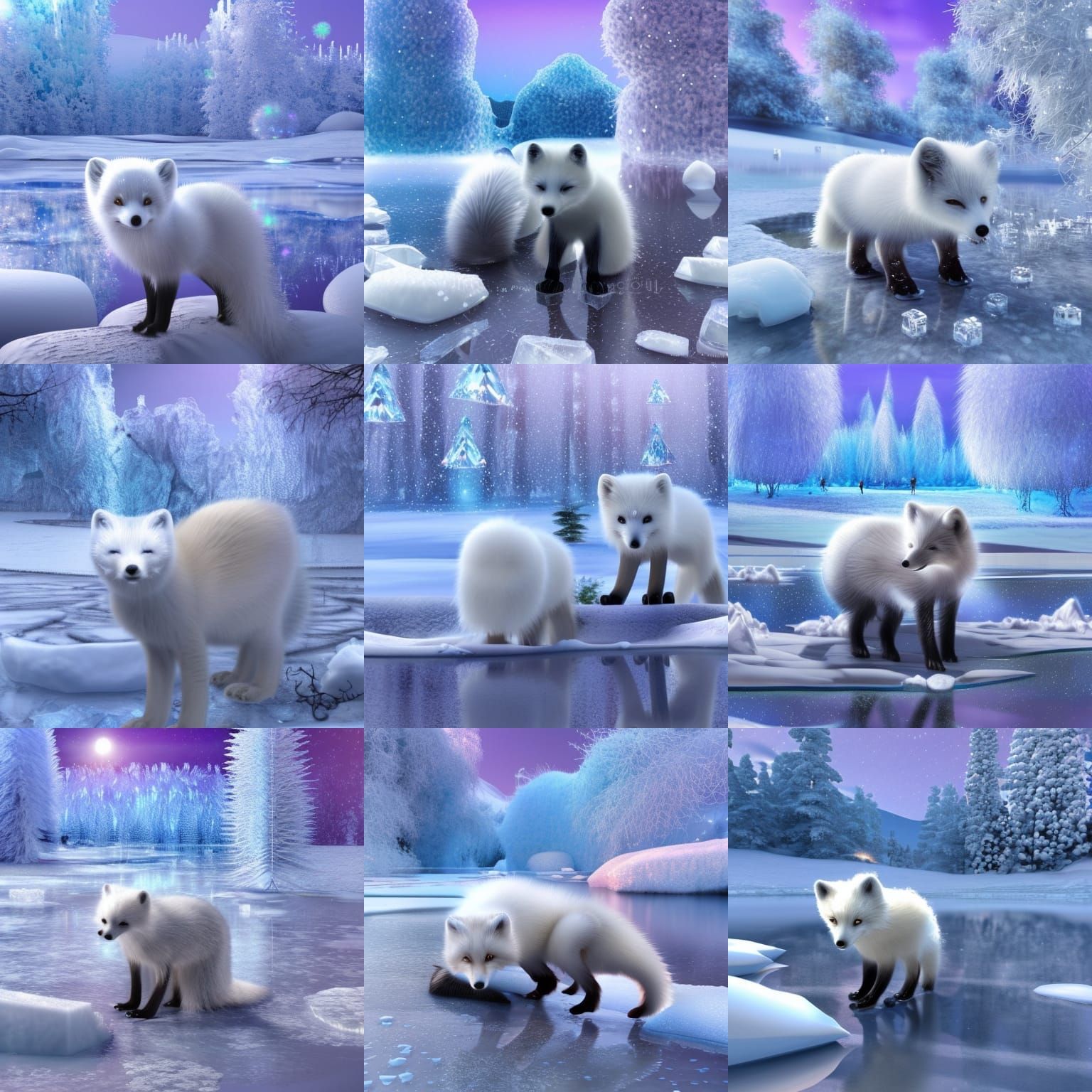 Cute Arctic Fox in Snowy Art Nouveau Landscape