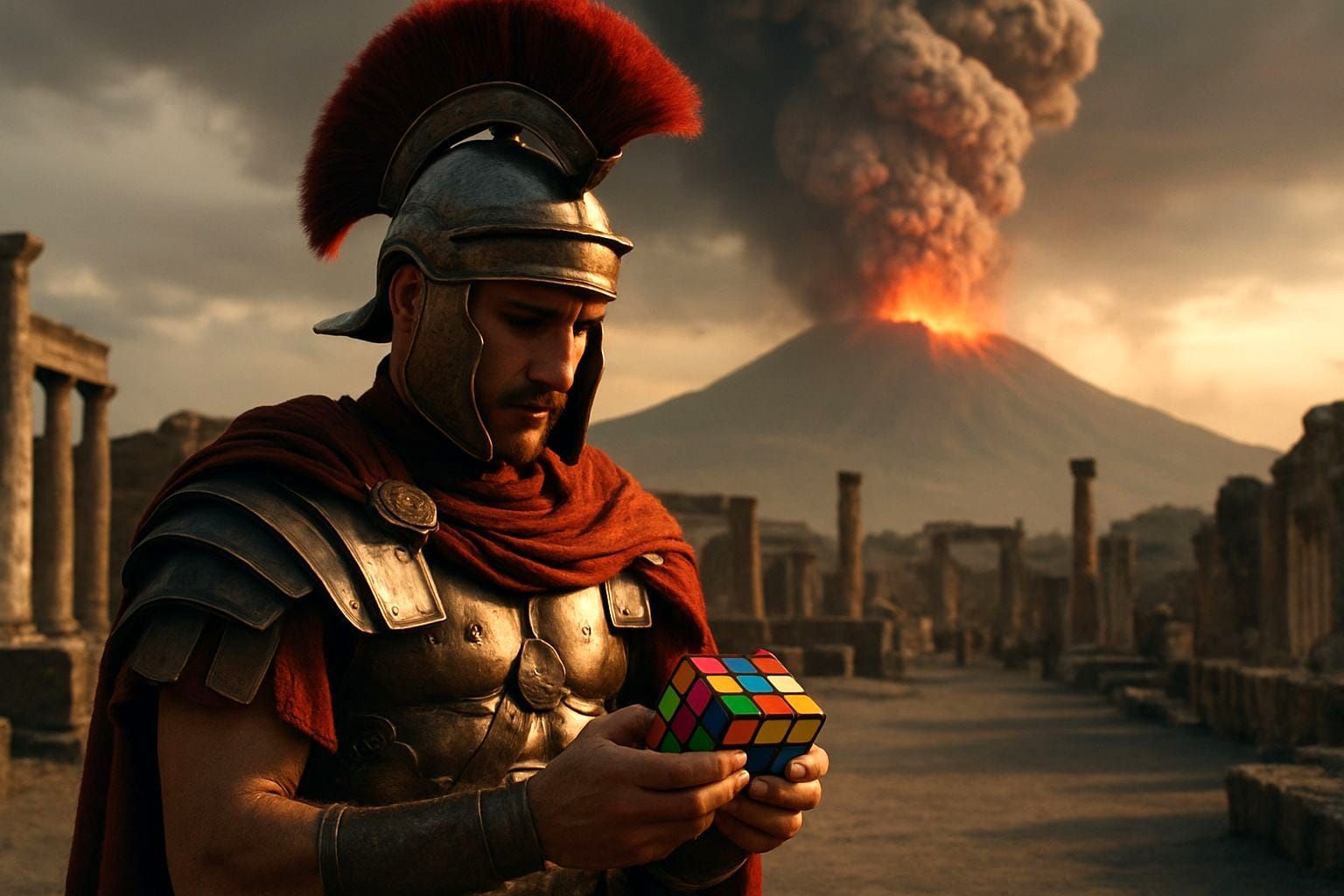 Roman centurion holding a Rubik’s Cube in Pompei while behind him Vesuvius erupts