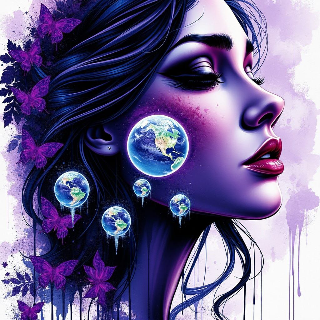 Ethereal Woman Weeps Cosmic Tears in Surreal Art