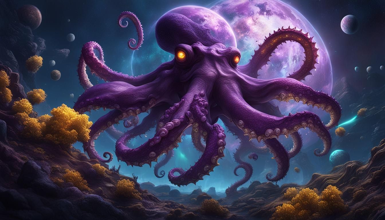 Space Octopus Eats Planet in Dark Fantasy Style