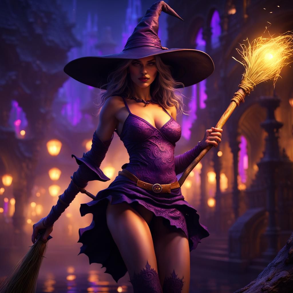 Bikini Witch Rides Broomstick: Dark Fantasy Art