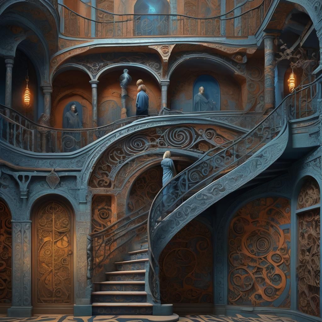 Surreal Woman Climbing Labyrinth in Moebius Style