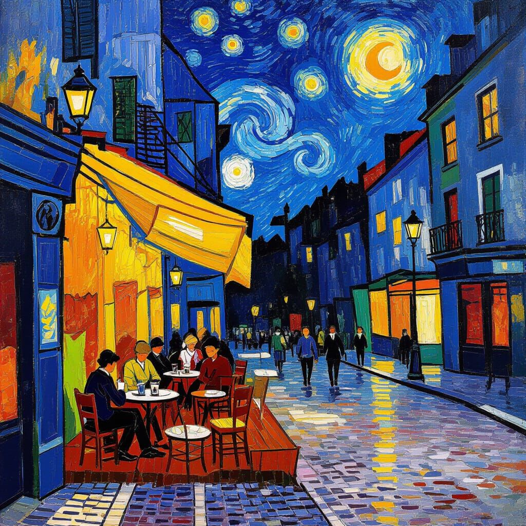 Cafe Terrace at Night in Impasto Style