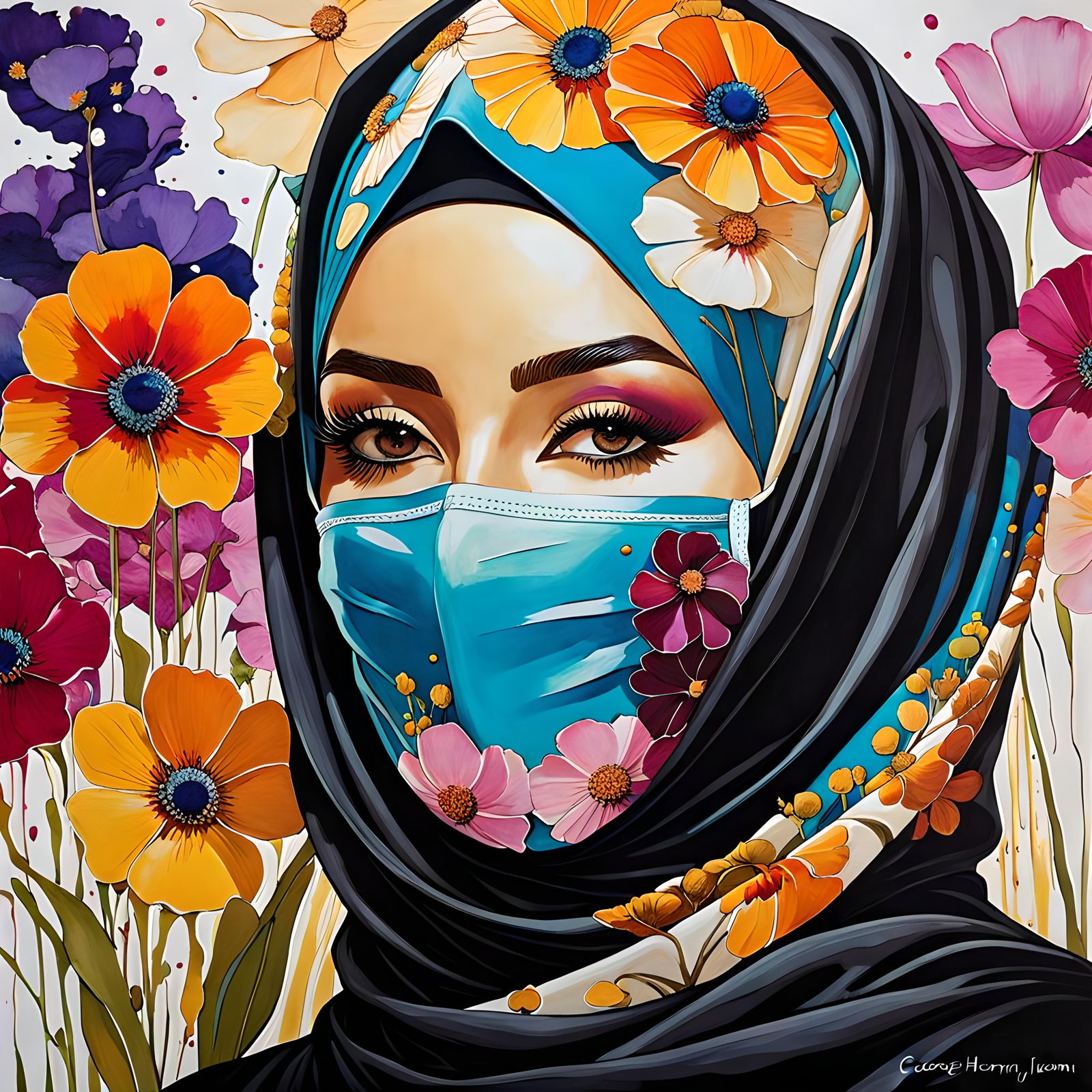 Hijabi Woman with Flowers in Oil-Guache Style
