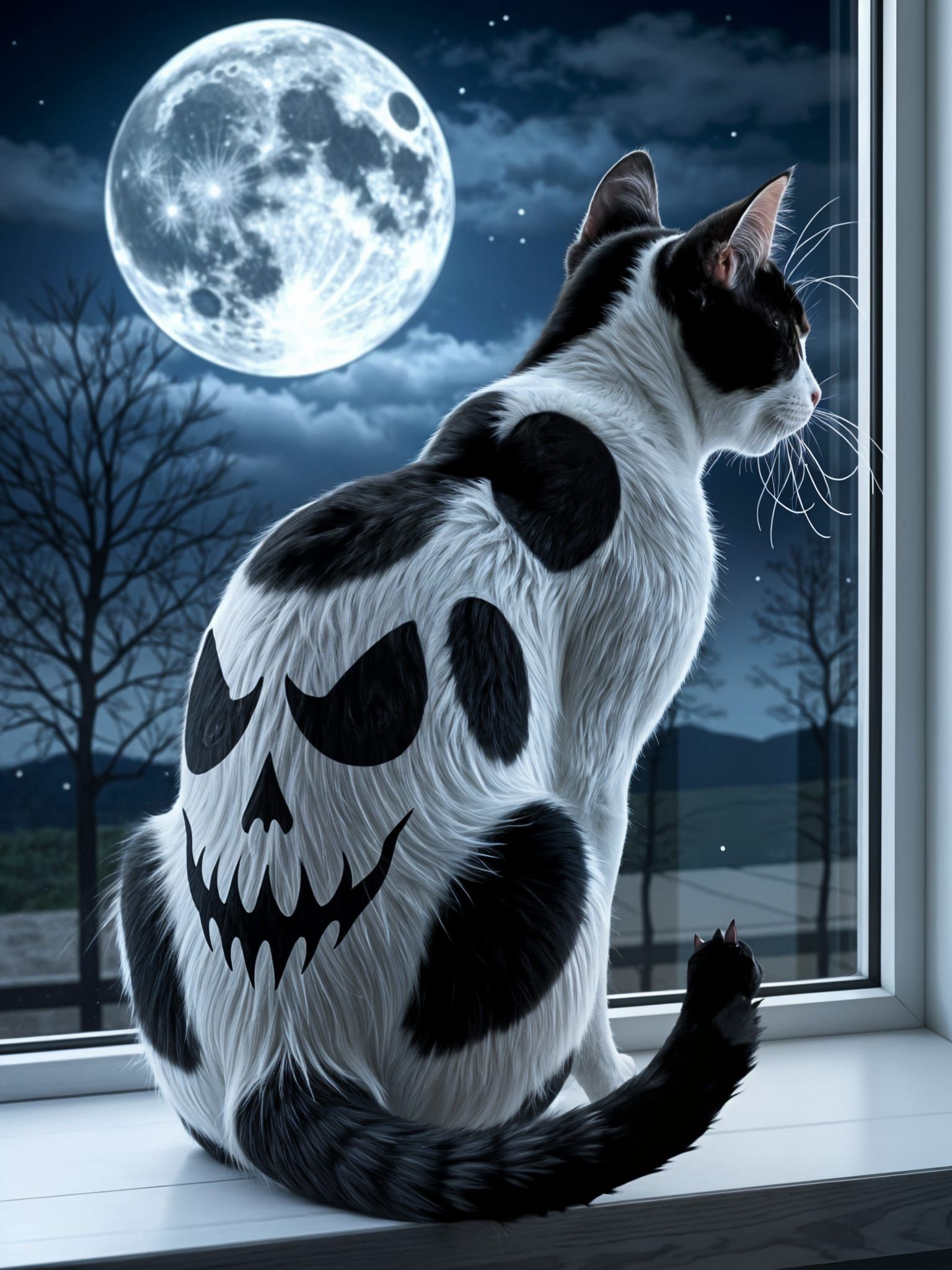 Realistic Black and White Cat Silhouette in Moonlit Window