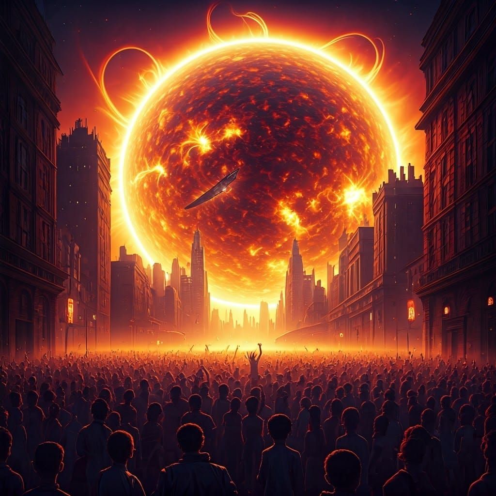 Vibrant Post-Apocalyptic Earth Party Amidst a Swollen, Fiery...