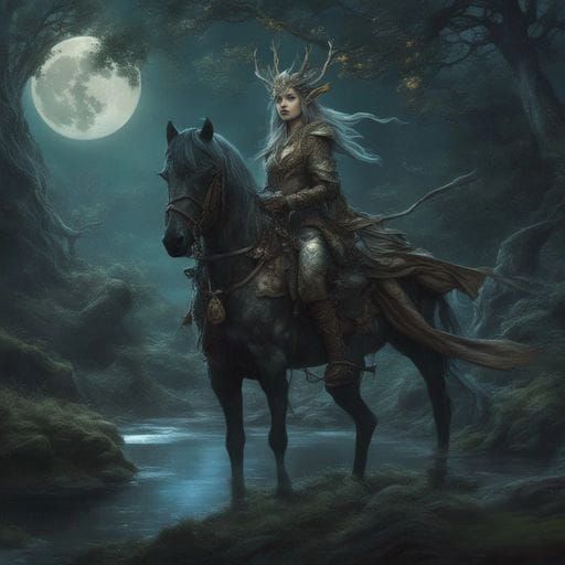 Elven Ranger Rides by Moonlight: Fantasy Art