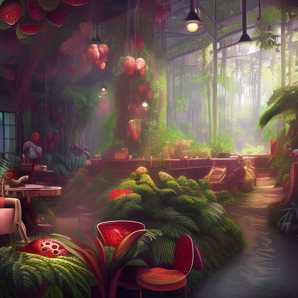 Hyperdetailed Jungle Coffee Shop with Strawberries