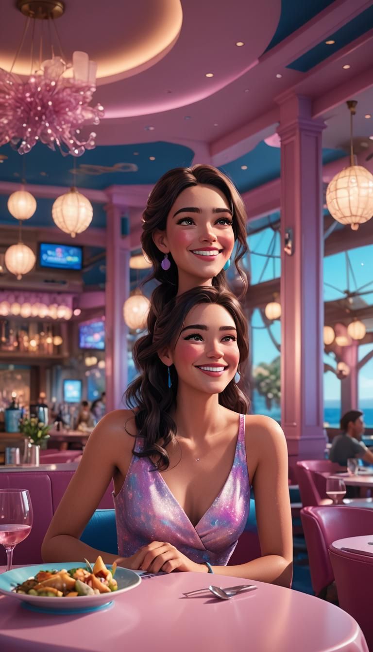 Smiling Brunette Girl in Restaurant: Pixar-Style 3D Art