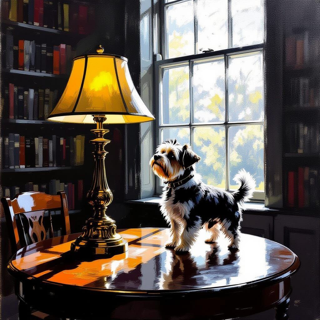 Monochrome Impressionist Library with Dog and Lamp