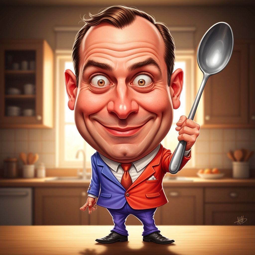 Comical Man With Giant Spoon, Exaggerated Cartoon Style