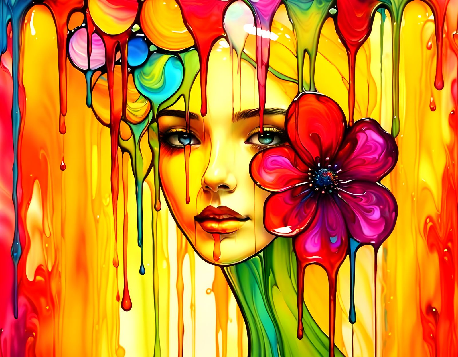 Vibrant Drip Art Euphoria Portrait in Kaleidoscopic Glass