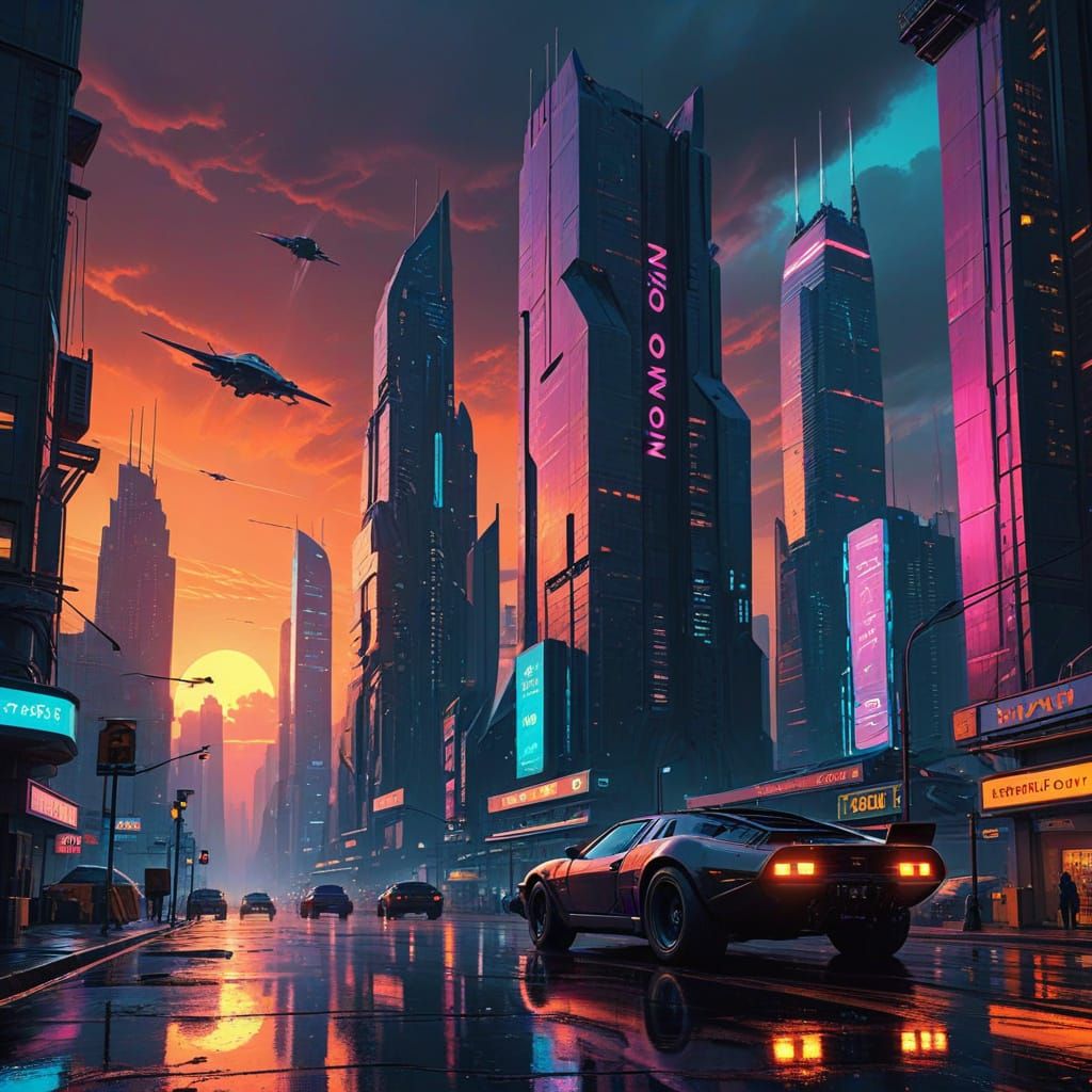 Futuristic Cityscape at Sunset in Neon Noir Style