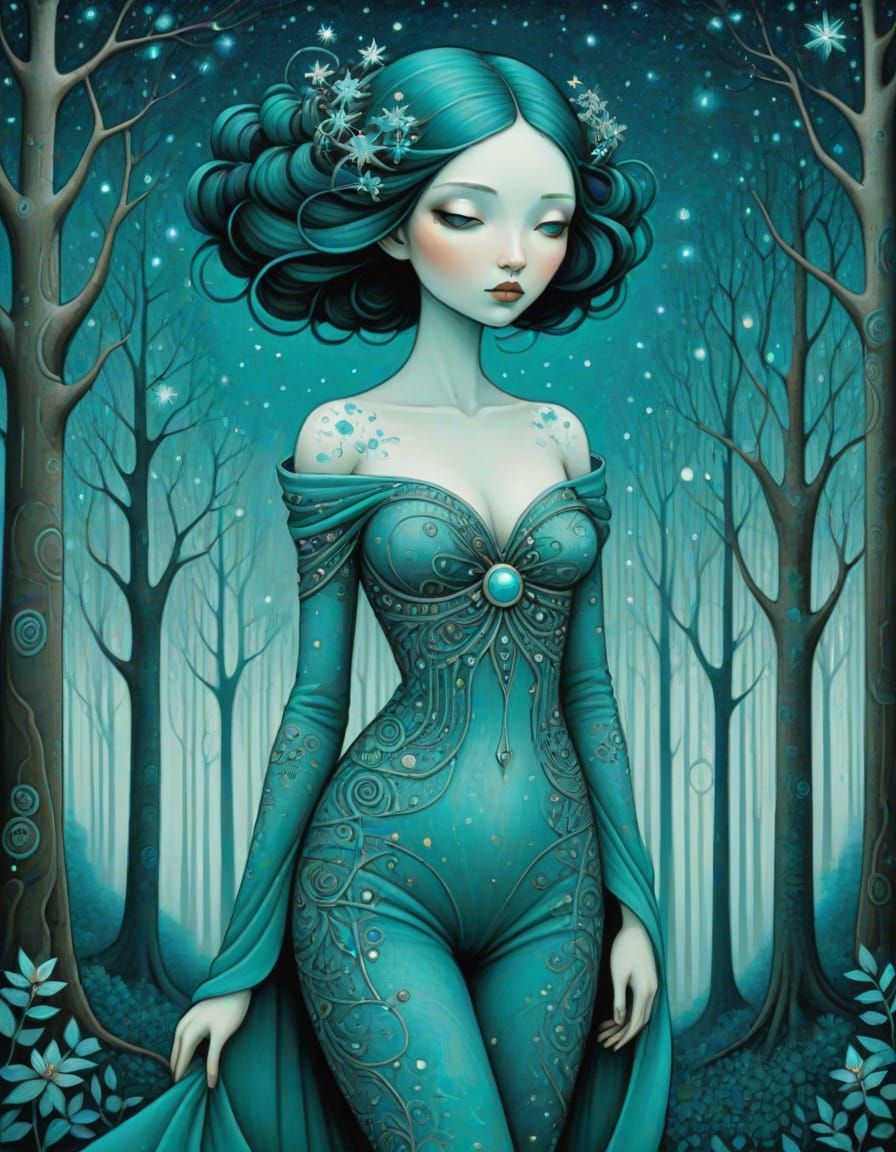 Girl in Turquoise Forest Under Starry Sky
