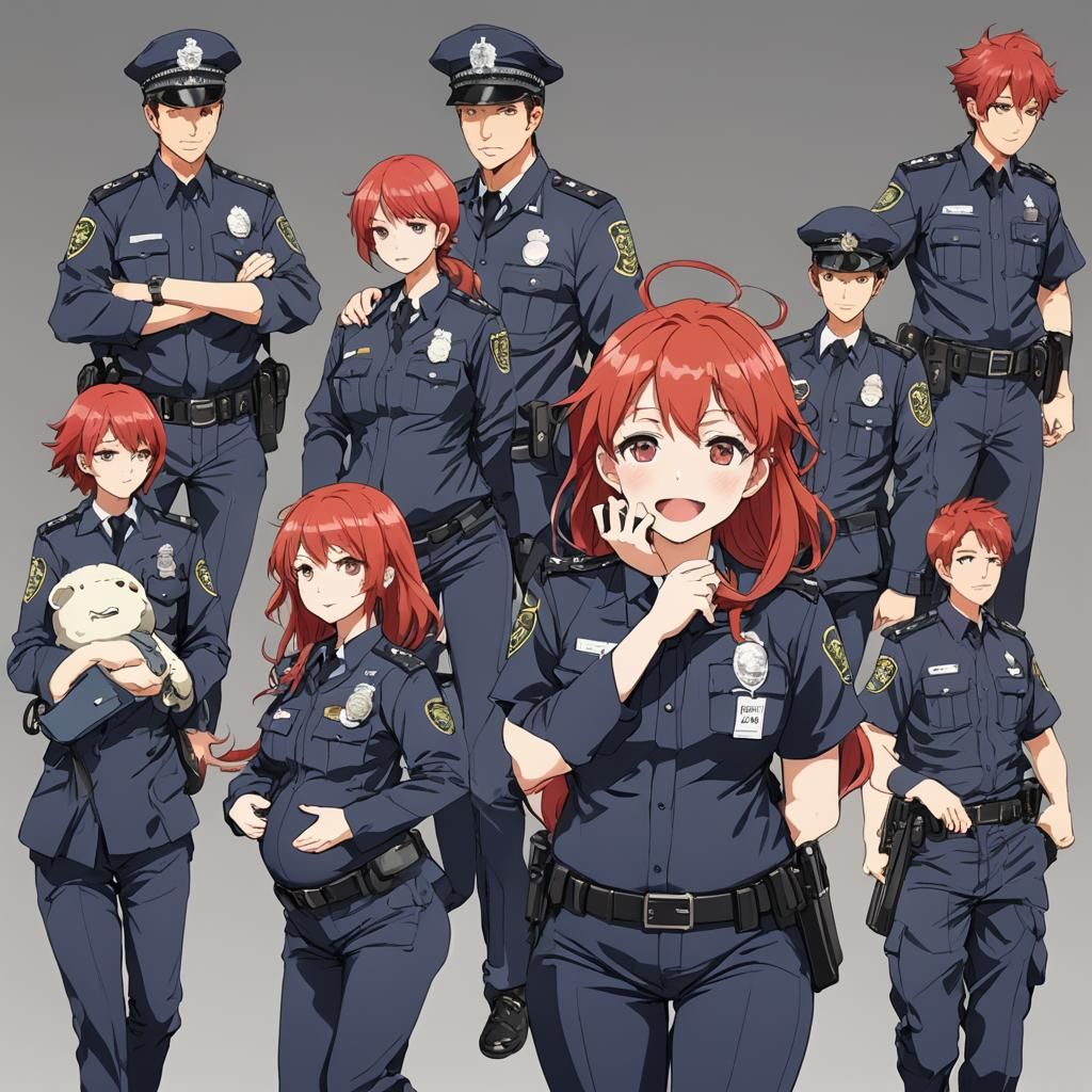 Anime-Style Pregnant Police Officer with Red Hair