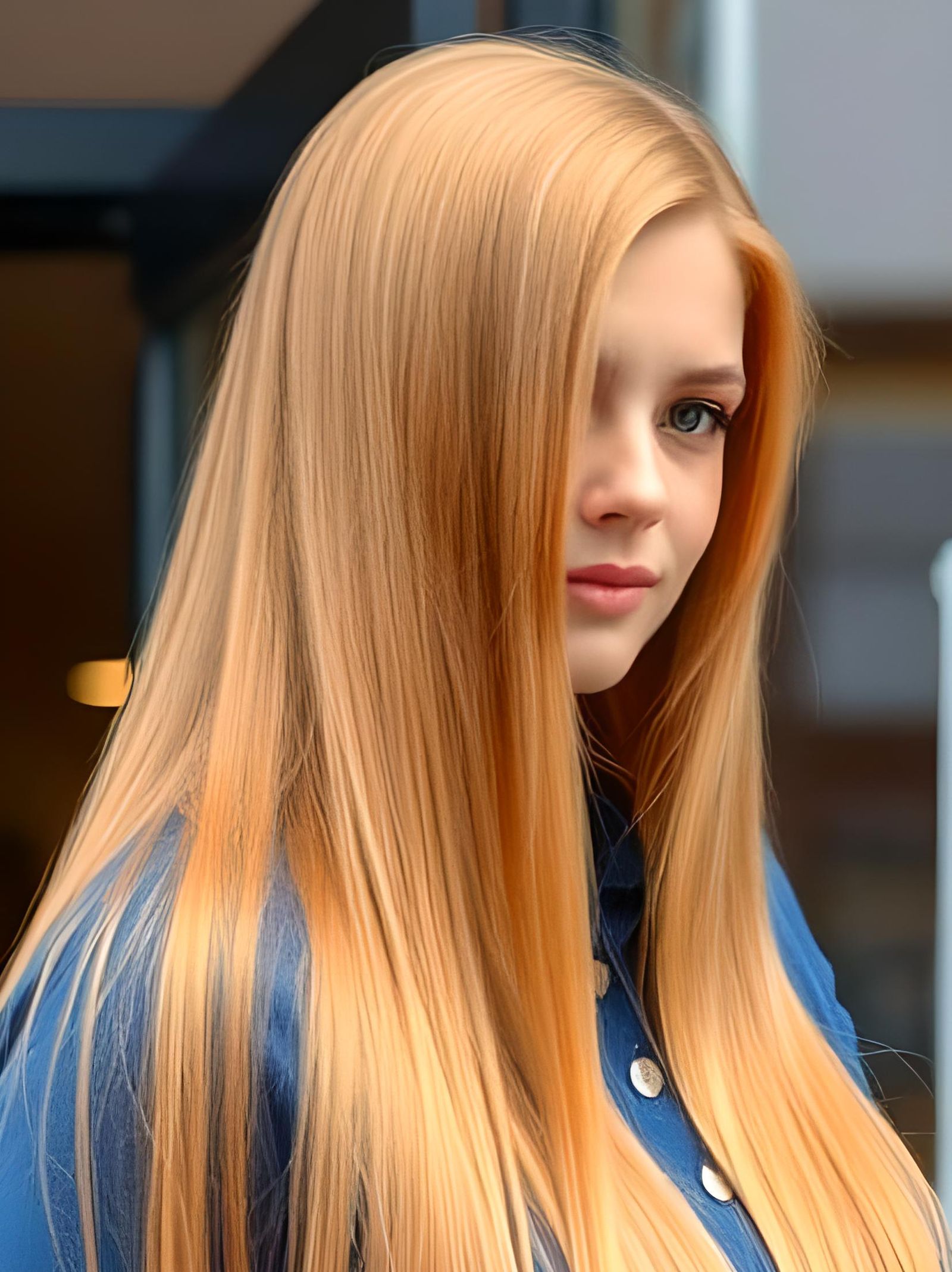 Young woman with long straight strawberry blonde hair.