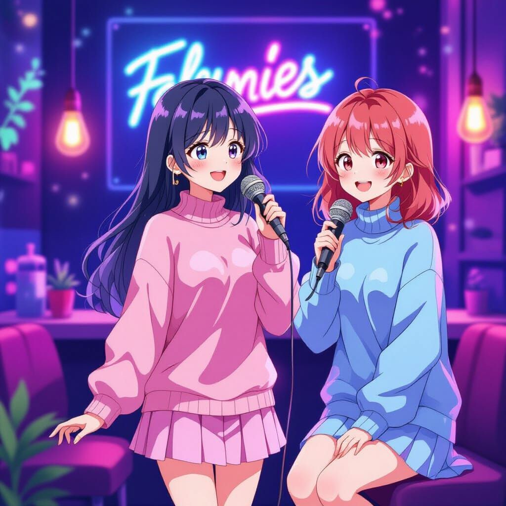 Anime Girls Sing Karaoke in Whimsical Style