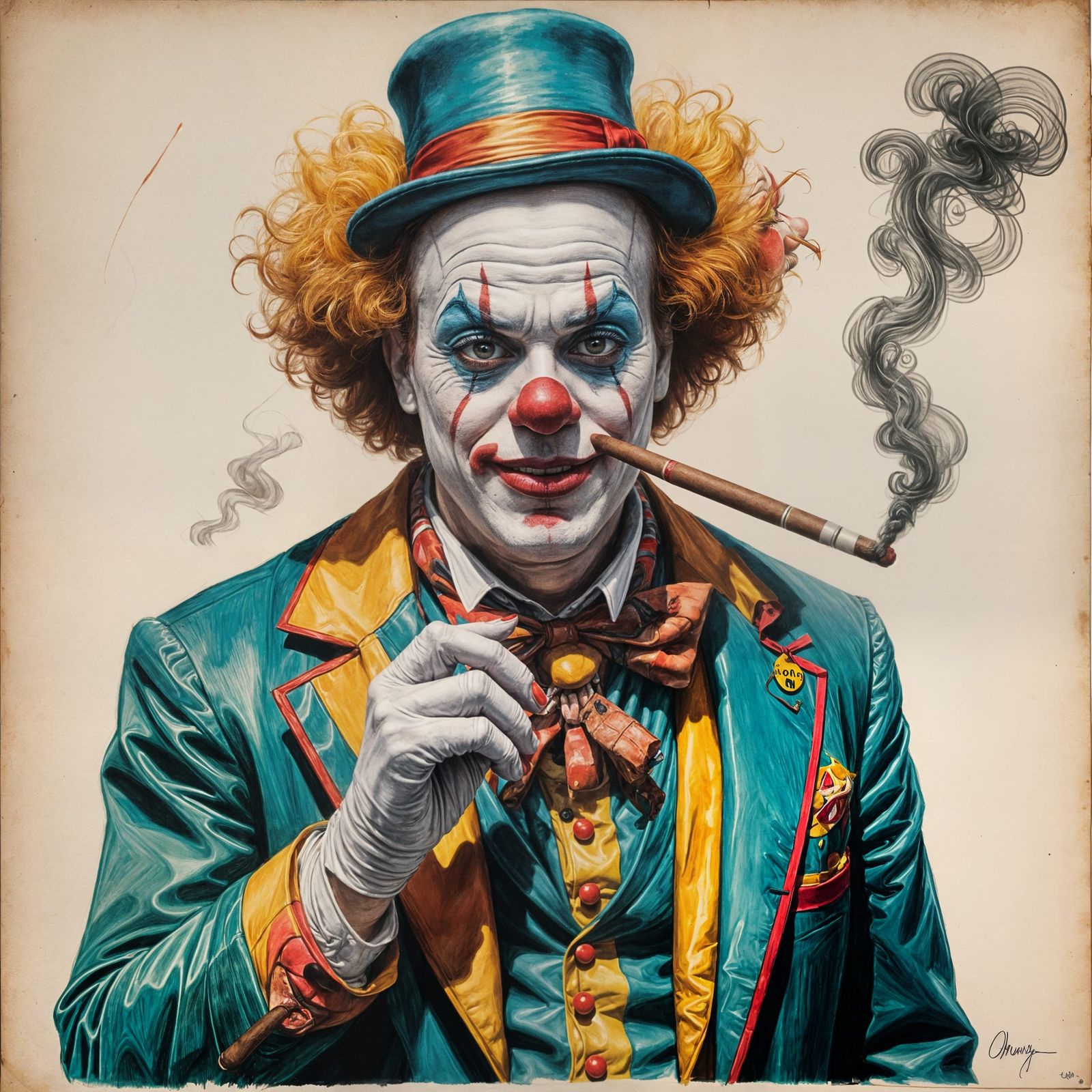 A dynamic realustic drawing of a clown smoking a cigar. The clown is dressed in thuggish attire